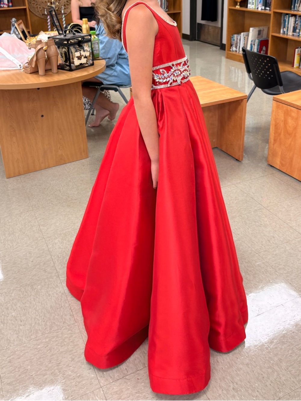 Sherri Hill Red Beaded Waist Satin Ball Gown for Girls - Picture 2 of 3